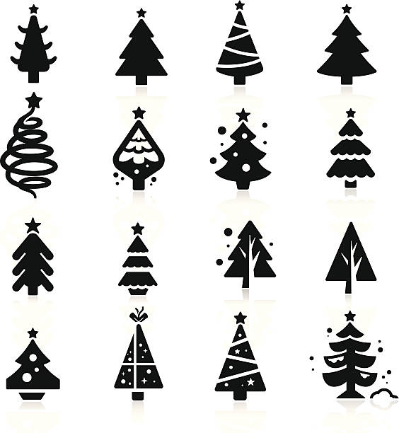 Christmas tree simplified but well drawn Icons, smooth corners no hard edges unless it’s required, no white color only black, the shadow is on a separate layer  fir tree stock illustrations