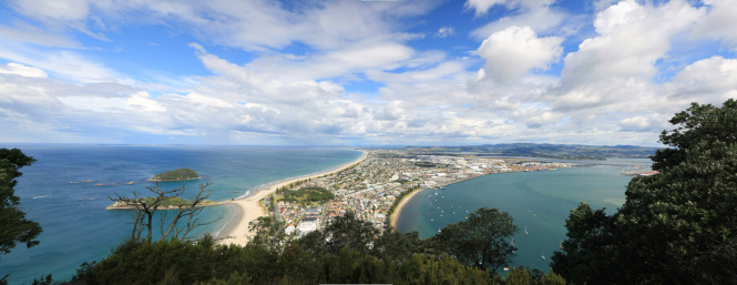 The breathtaking panoramic view across the city of Tauranga, in the Bay of Plenty on New Zealand's North Island, from Mount Maunganui.