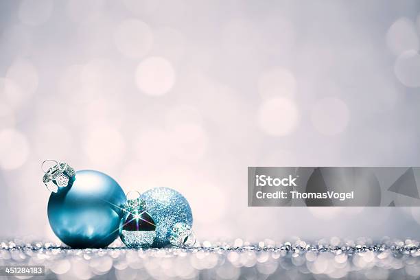 Christmas Baubles Blue Bokeh Defocused Decoration White Stock Photo - Download Image Now
