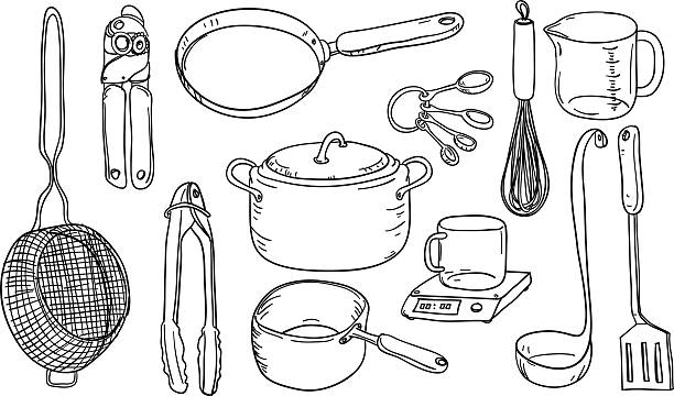 illustrazioni stock, clip art, cartoni animati e icone di tendenza di utensili da cucina in bianco e nero - casseruola stoviglie
