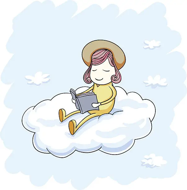 Vector illustration of Little girl sitting and reading on a cloud