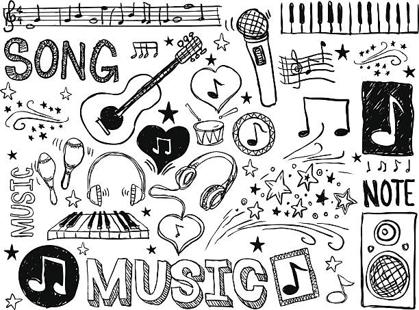 Various musical elements in black and white Music elements sketch in black and white guitar drawings stock illustrations