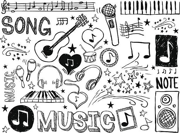 Vector illustration of Various musical elements in black and white