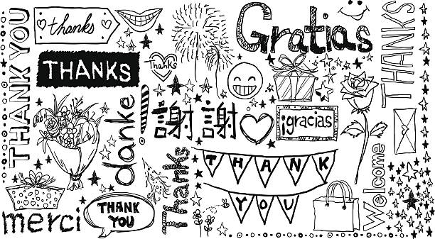 dziękujemy słowa w różnych językach, - thank you greeting card note you stock illustrations