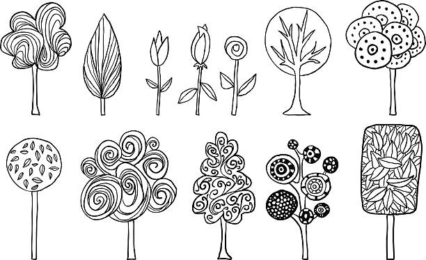 ilustrações, clipart, desenhos animados e ícones de belas árvores no estilo dos - design pencil drawing doodle environment