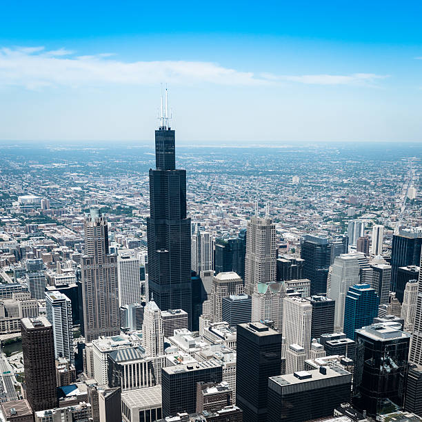 vista aérea del horizonte de chicago - chicago skyline antenna panoramic fotografías e imágenes de stock