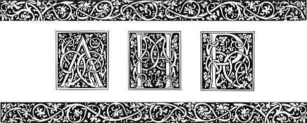 Initials and ornamental border Initials and ornamental border in medieval style medieval illustrations stock illustrations