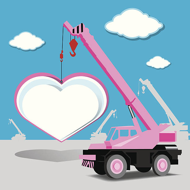 konsep cinta dengan hati dan derek di bawah vektor konstruksi - car lifting machine ilustrasi stok
