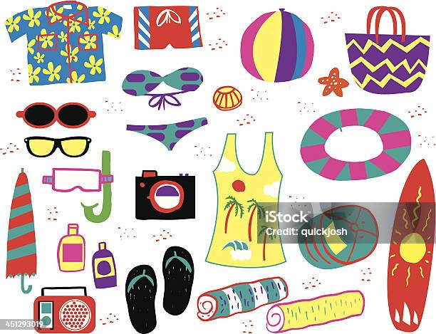 Fête Sur La Plage Et Des Accessoires Vecteurs libres de droits et plus d'images vectorielles de Illustration - Illustration, Serviette de plage, Appareil photo