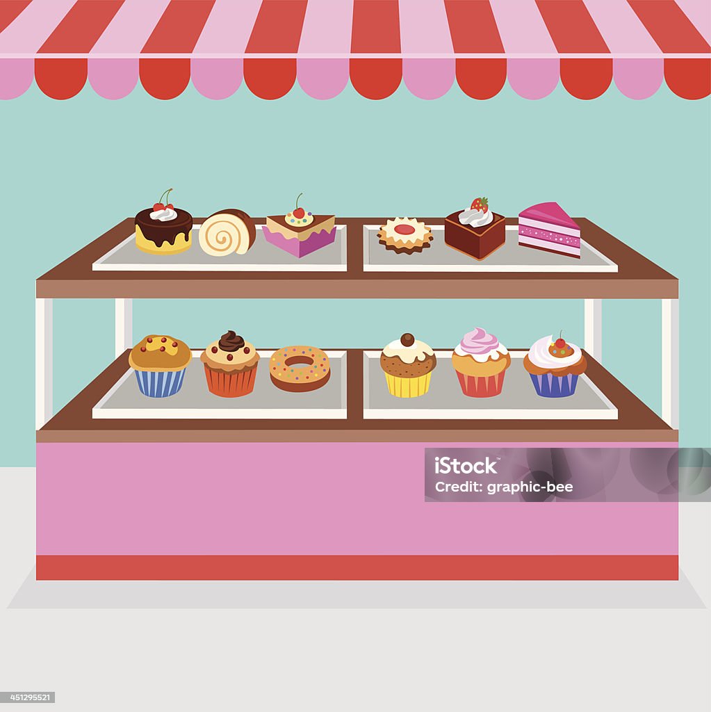 Pastry stall Vector illustration of a pastry stall sells muffins, cupcakes, slice cakes, Mini cake, swiss roll, donut, fruit tart, and other western style desserts and pastries! Baked stock vector