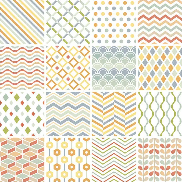 Vector illustration of Patchwork of 16 geometric patterns on white