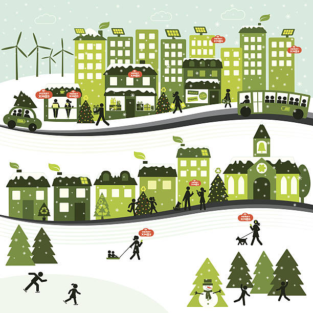 Sustainable Christmas City Green Christmas city computer people winter cafe stock illustrations