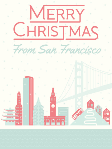 Greetings from San Francisco! A Merry Christmas greeting from SF with a skyline view and snow falling. All elements on separate layers.