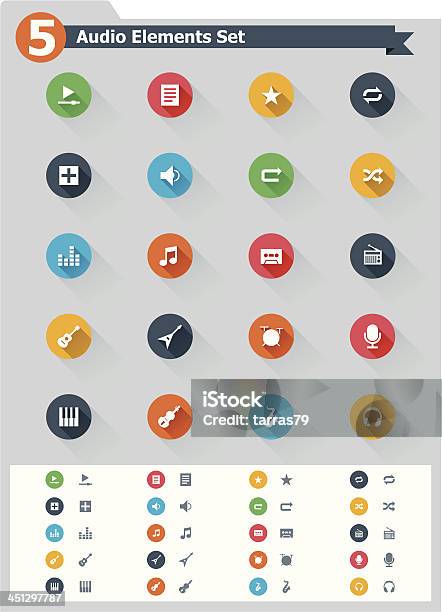 Плоский Аудио Икона Set — стоковая векторная графика и другие изображения на тему Акустическая гитара - Акустическая гитара, Акустическая музыка, Аудиокассета