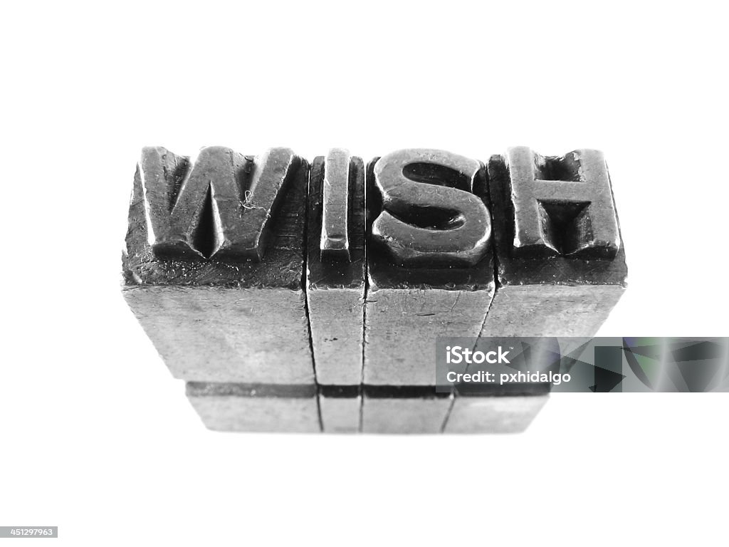 WISH sign, antique metal letter type isolated metalic sign,  antique metal letter-press type isolated Alphabet Stock Photo