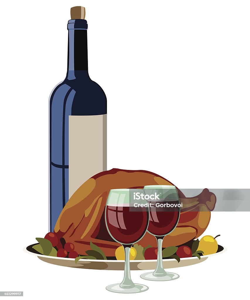Thanksgiving Turkey Thanksgiving Turkey with Fruits and Vino. Isolated Vector Illustration. Baked stock vector