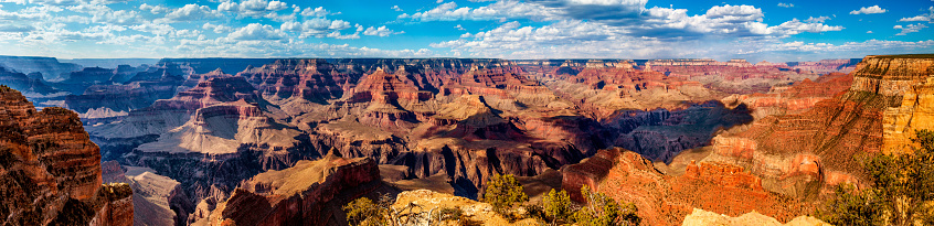 Panoramic of South Rim of Grand Canyon National Park under a partially clouded sky