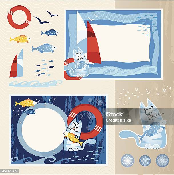 Sea Travel Frames And Icons Set Stock Illustration - Download Image Now - Albatross, Bird, Blue