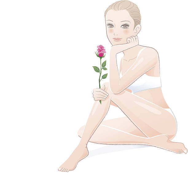Beautiful woman posing in white lingerie with a rose vector art illustration