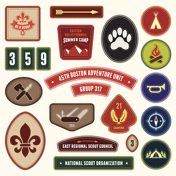 ilustrações de stock, clip art, desenhos animados e ícones de emblemas de recrutamento - camping campfire boy scout girl scout