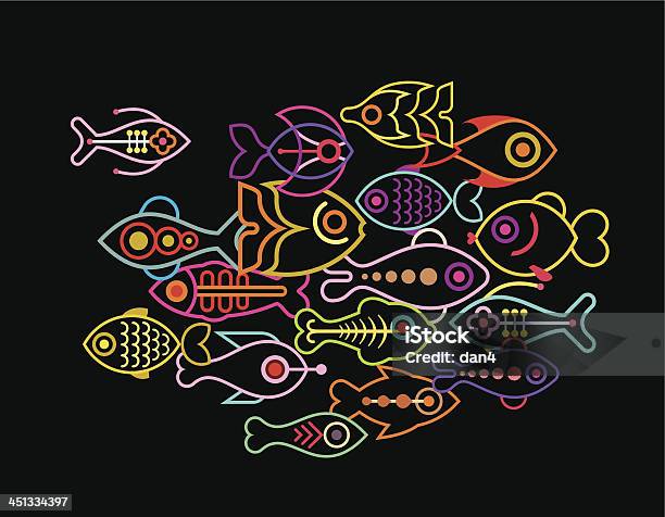Fishes On Black Background Stock Illustration - Download Image Now - School of Fish, Abstract, Neon Colored