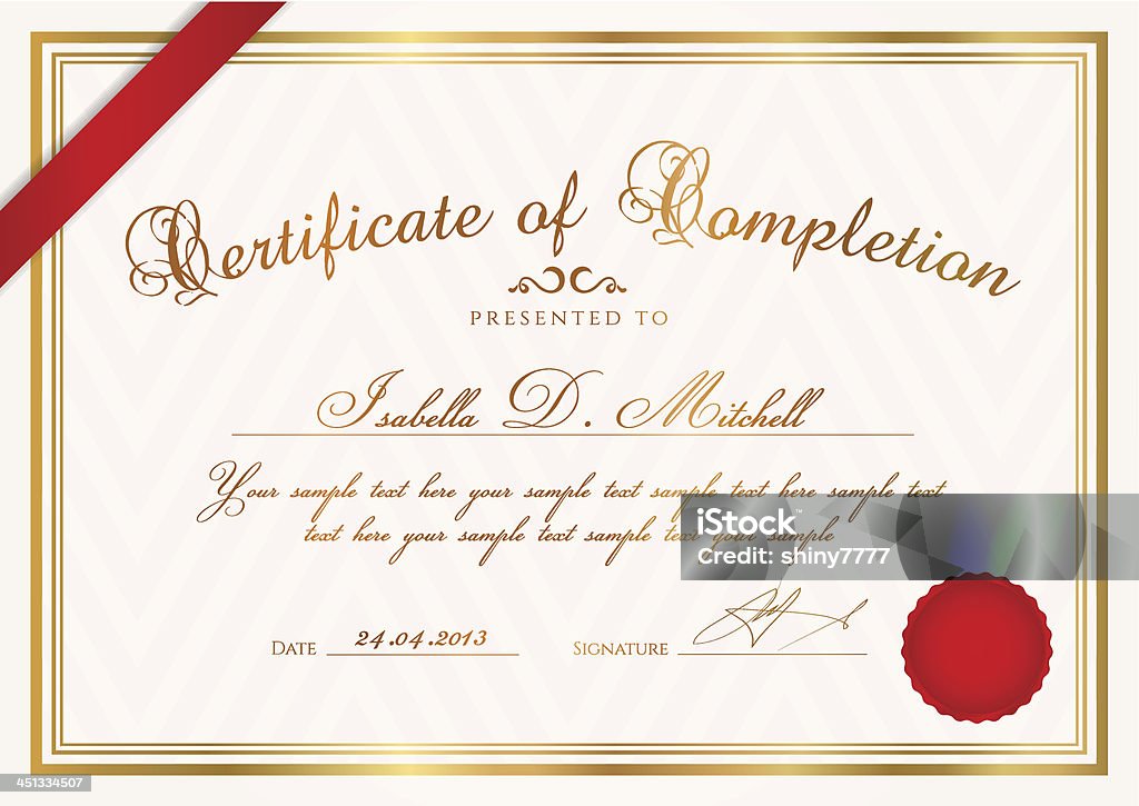 Certificado/Diploma modelo. Fundo com padrão de design, fita, selo de cera - Vetor de Certidão royalty-free