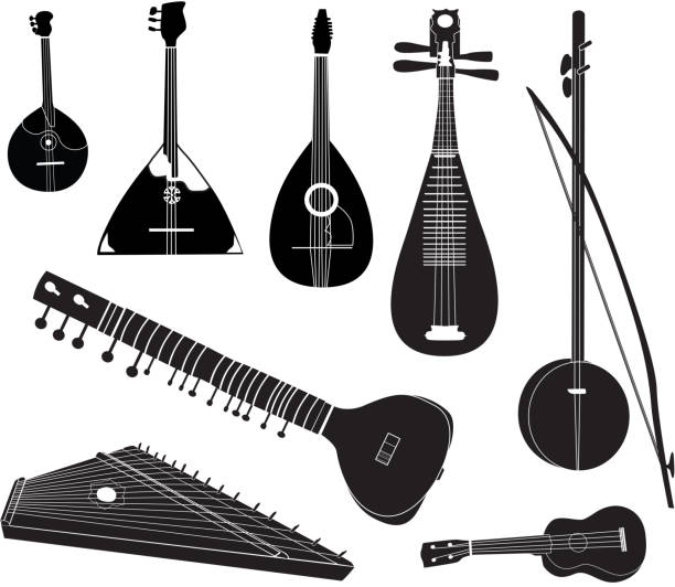 Musical instruments of different cultures collection Ethnic music instruments vector set. Musical instrument silhouette on white background.  indian music stock illustrations
