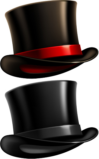 Two black top hats isolated on white background. Vector illustration. 