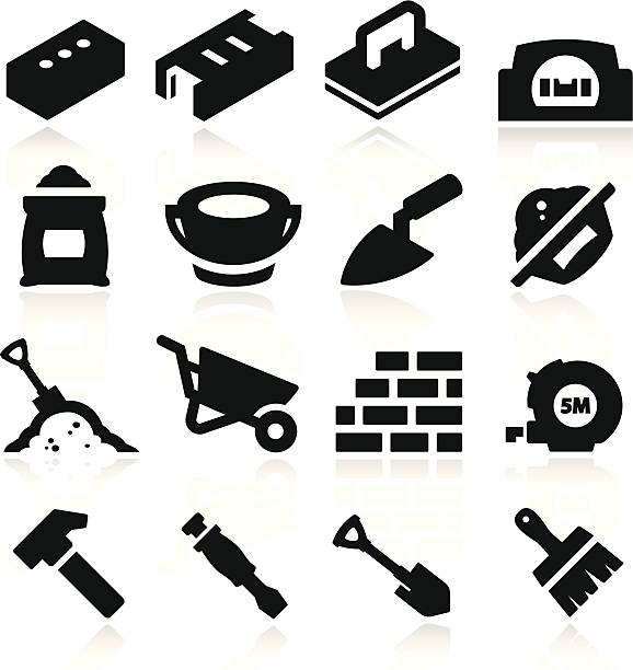 Bricklayer Icons simplified but well drawn Icons, smooth corners no hard edges unless it’s required, no white color only black, the shadow is on a separate layer  concrete silhouettes stock illustrations