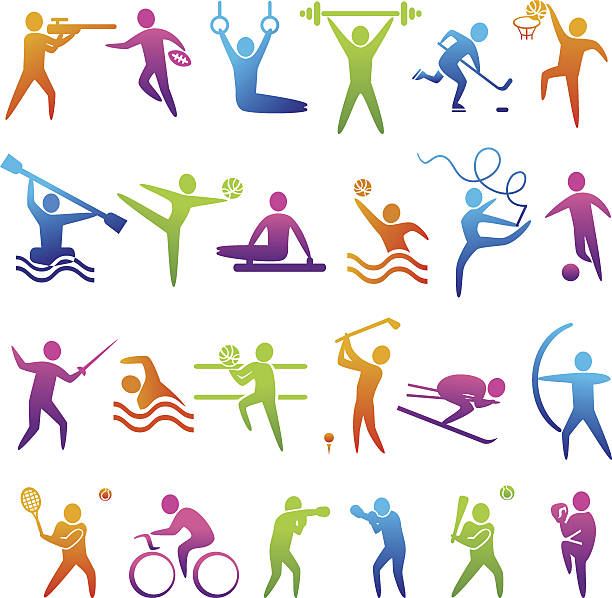 IconsSport Set of sports icons: basketball, soccer, hockey, tennis, skiing, boxing, wrestling, cycling, golf, baseball, gymnastics, shooting, rugby, gymnastics, American football, power lifting, kayaking, canoeing, barbell, weightlifting, water polo, archery, fencing, swimming, volleyball, Olympics. Vector illustration the olympic games stock illustrations