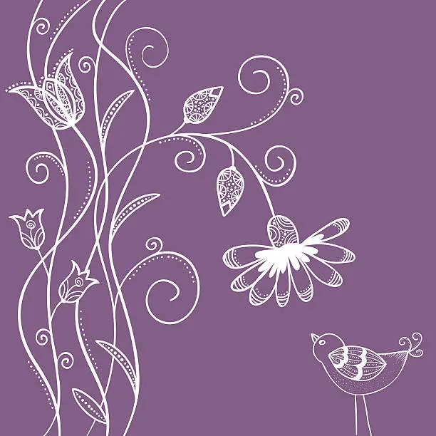 Vector illustration of Doodle flowers with swirls and bird