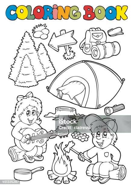 Coloring Book With Camping Theme Stock Illustration - Download Image Now - Camping, Coloring, Summer Camp
