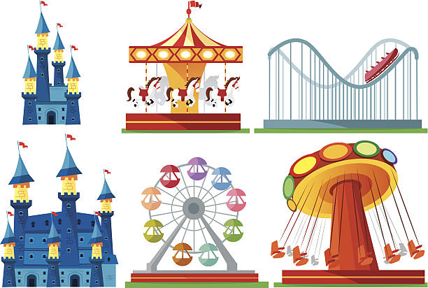 ilustraciones, imágenes clip art, dibujos animados e iconos de stock de parque de diversiones - rollercoaster carnival amusement park carousel