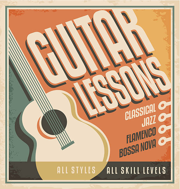 Vintage poster design for guitar lessons Retro concept for learning to play guitar - all styles and all skill levels. Creative concept design on old paper texture. Flyer template. music class stock illustrations