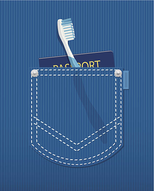 Back Pocket with Toothbrush and Passport. Back pocket of jeans with toothbrush and passport protruding, suggesting travelling light. Art on easily edited layers. Download includes a large high res jpeg. jeans denim passport pocket stock illustrations