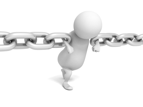 3D person holding two chains links together connect