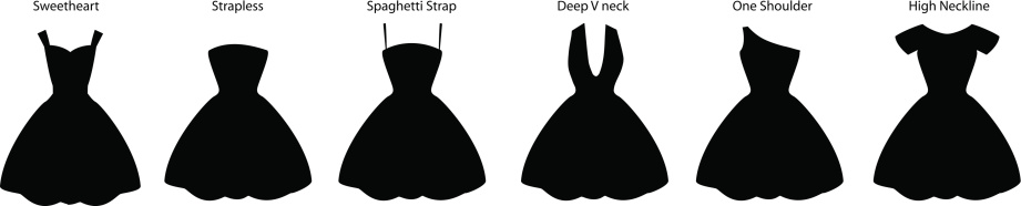 Six different neckline styles of dresses.