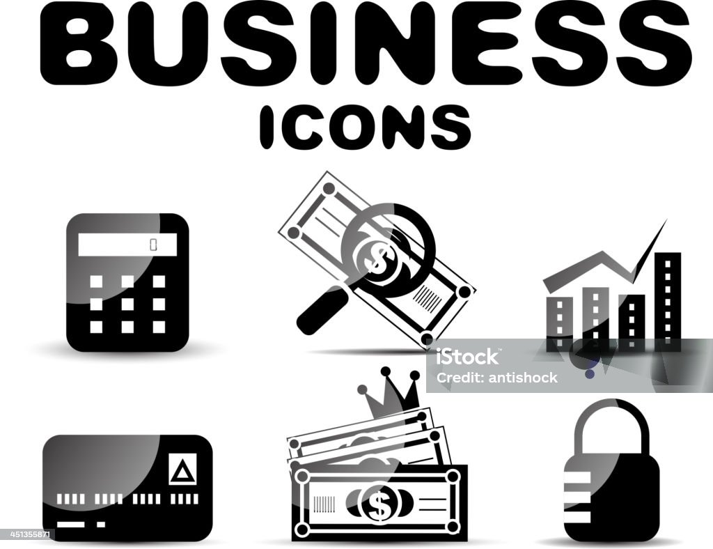Vector business icons Set of glossy black and white business icons: calculator, dollar bill, growing stock charts, credit card, money and security lock. Advice stock vector