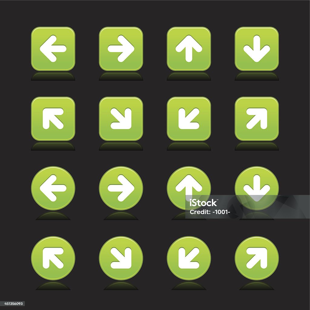 Green arrow sign direction icon navigation button square circle shape Green arrow sign direction icon rounded square and circle web internet buttons with color reflection on black background. Application Form stock vector