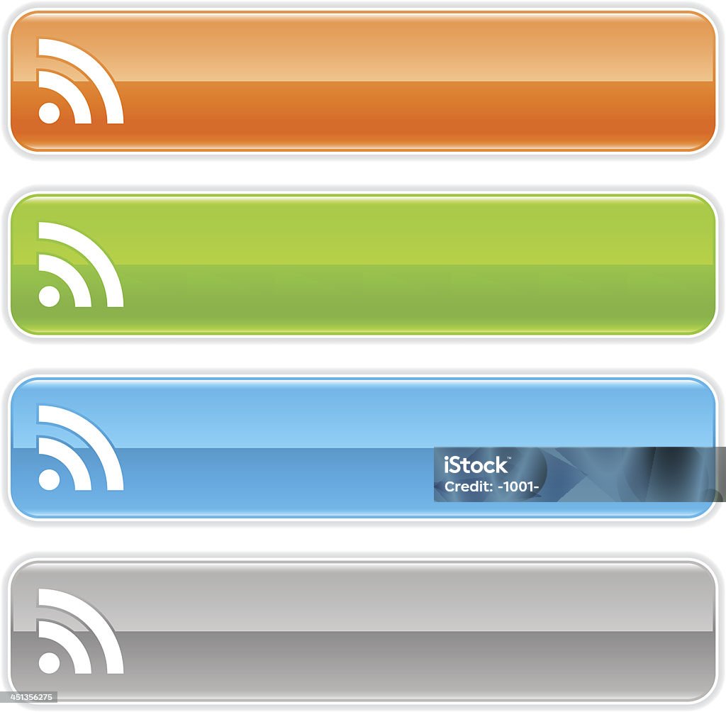 RSS アイコンサイン光沢のあるオレンジグリーン＆ブルーグレイの長方形ボタン - RSSのロイヤリティフリーベクトルアート