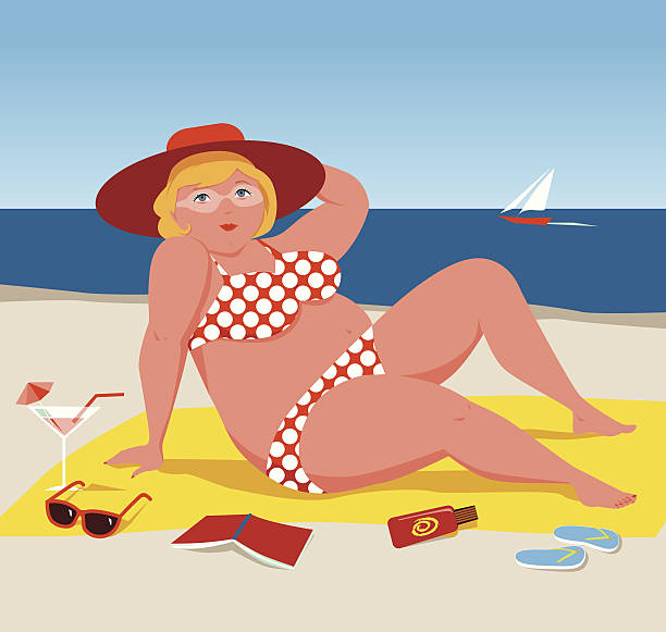 Woman on the beach Cute confident full-figured woman sitting on the beach in a red hat and polka-dot bikini, ocean on the background polka dot bathing suit stock illustrations