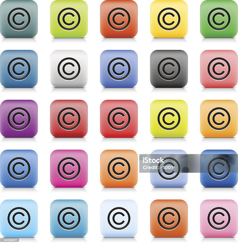 Copyright sign web button color internet icon black pictogram Copyright black sign on web button. 25 variation rounded square icon set with shadow and reflection on white background. Green, brown, yellow, blue, gray, cobalt, black, pink, violet, orange,purple, turquoise, magenta colored shapes.  Agreement stock vector