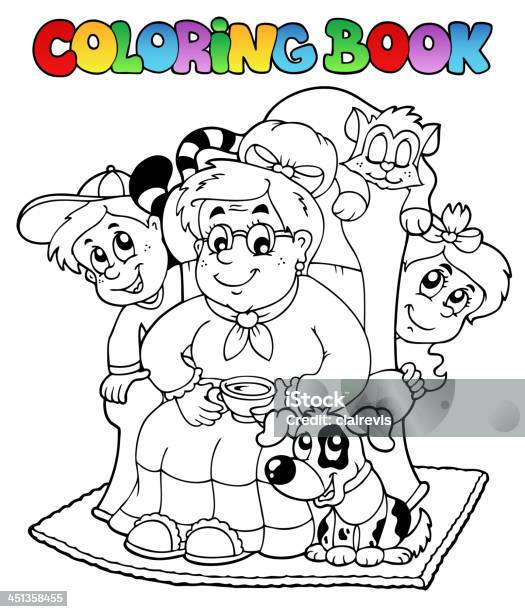 Ilustración de Libro Para Colorear Con Los Niños Grandma Y y más Vectores Libres de Derechos de Familia - Familia, Página de libro para colorear - Técnica de ilustración, Abuela