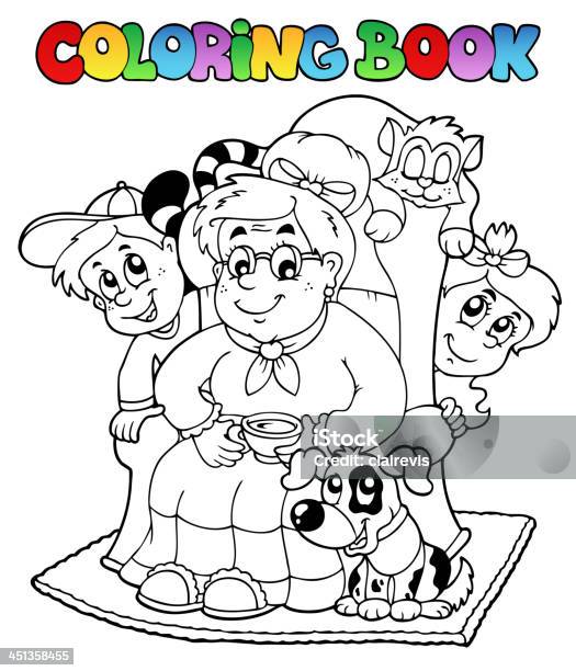 Vetores de Livro De Colorir Com Vovó E Crianças e mais imagens de Família - Família, Página de livro de colorir - Técnica de ilustração, Avó