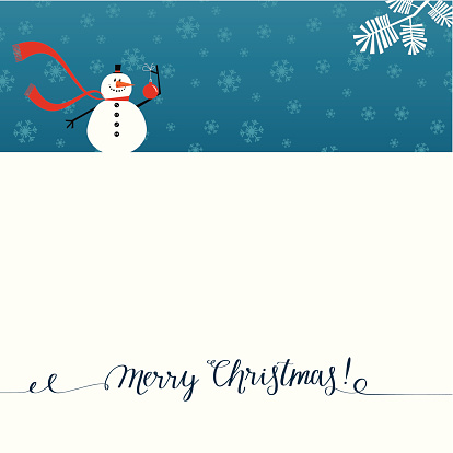 Christmas card with snowman. Christmas card with lettering. Seamless snowflake pattern on background.