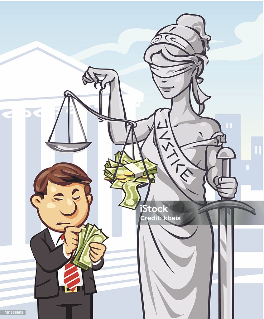Justice is Expensive A man in a suit putting money in Lady Justice's weight scale. Concept for high court fees or bribing and corruption. Sash with text "Justice" on a seperate layer and can be removed. EPS 8, grouped and labeled in layers. Lady Justice stock vector
