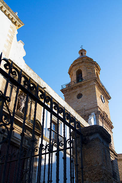 bell tower und kirche in old town von cádiz, spanien - malaga seville cadiz andalusia stock-fotos und bilder