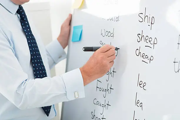 Close-up of a male teacher writing English words on the whiteboard