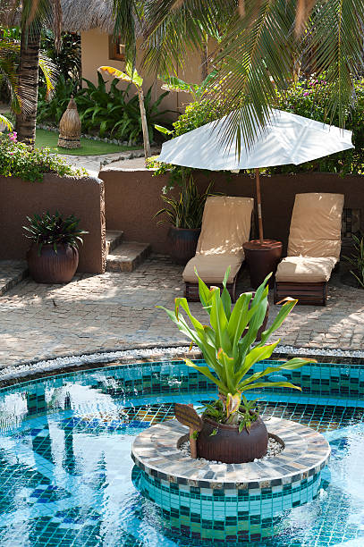 istock Luxury tropical resort swimming pool and sun chairs 451374613