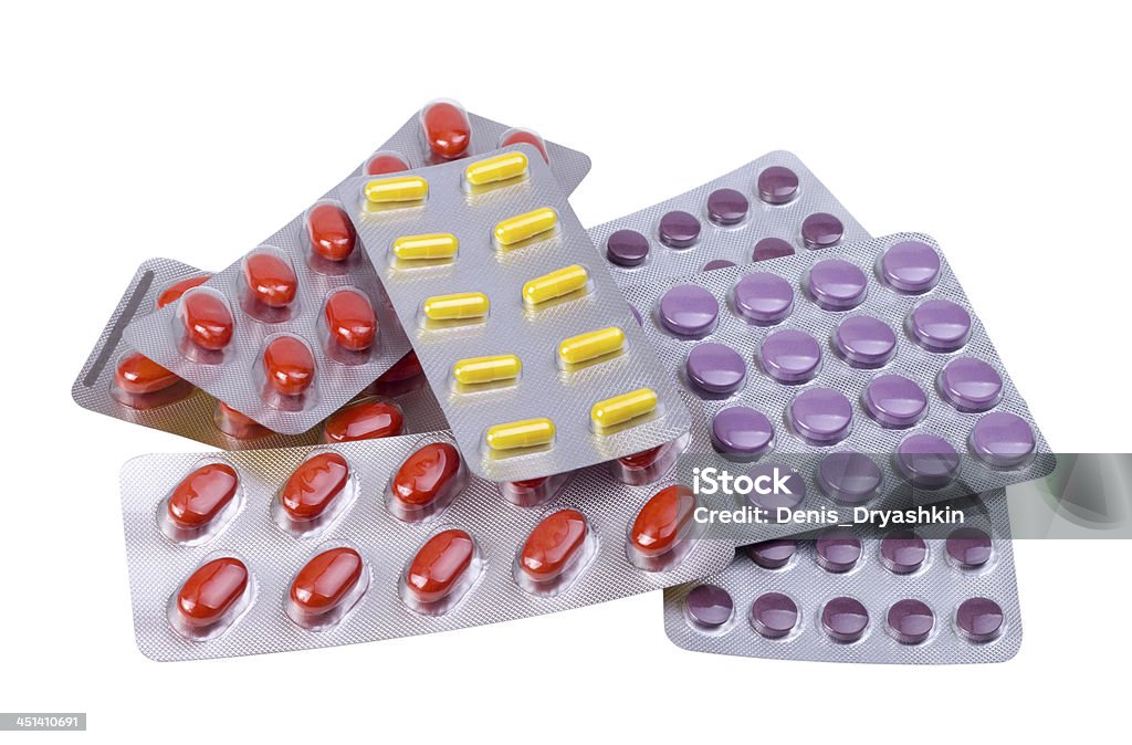 Remédios medicinais e cápsulas embalados em bolhas - Foto de stock de Antibiotico royalty-free